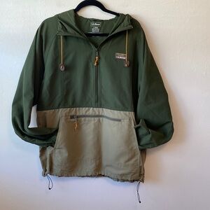 LL BEAN nylon olive green tan half zip windbreaker men’s size L